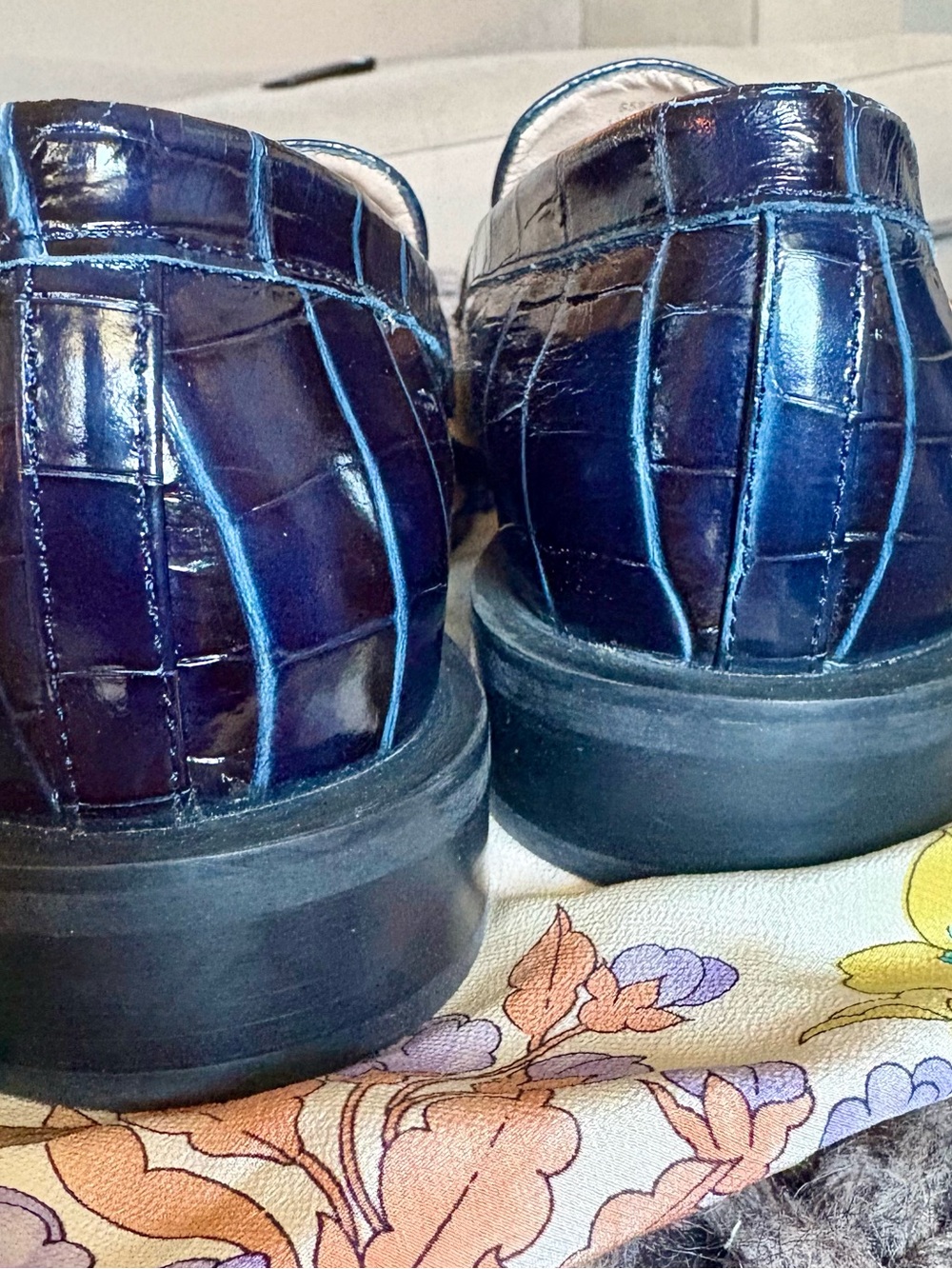 Stuart Weitzman Palmer Sleek Blue Croc-Embossed Penny Loafers - Picture 5 of 7